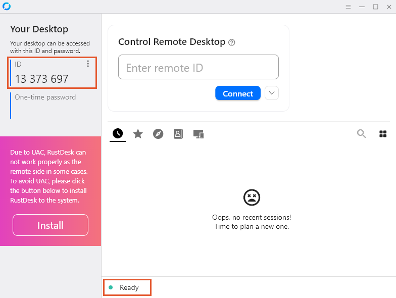 RustDesk penceresi: solda ID numarası (örnekte 13 373 697), altta “Ready” (Hazır) yazısı işaretli.