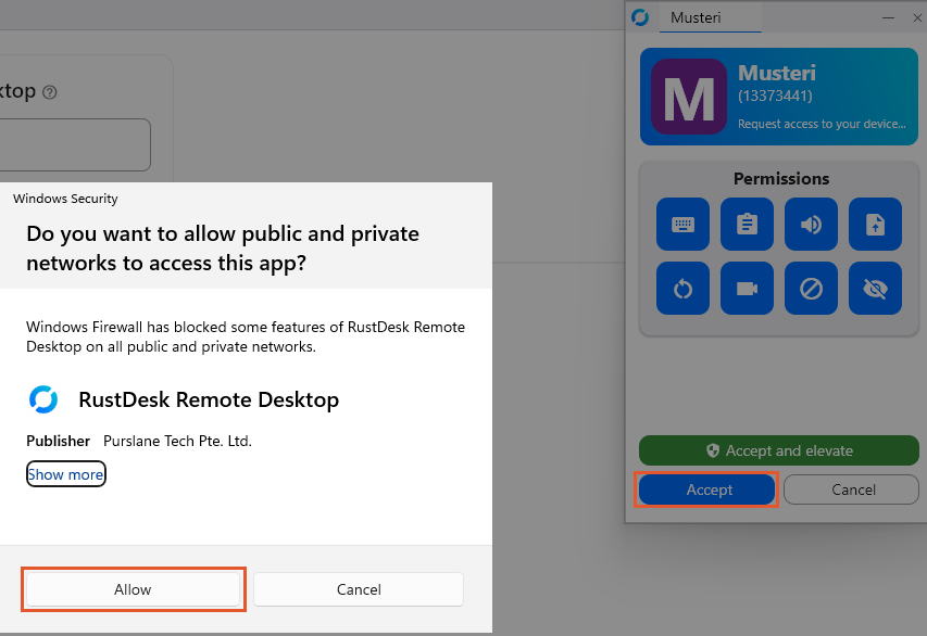 Sağda bağlantı isteği penceresinde “Accept” düğmesi, solda Windows Güvenlik Duvarı sorusunda izin düğmesi işaretli.
